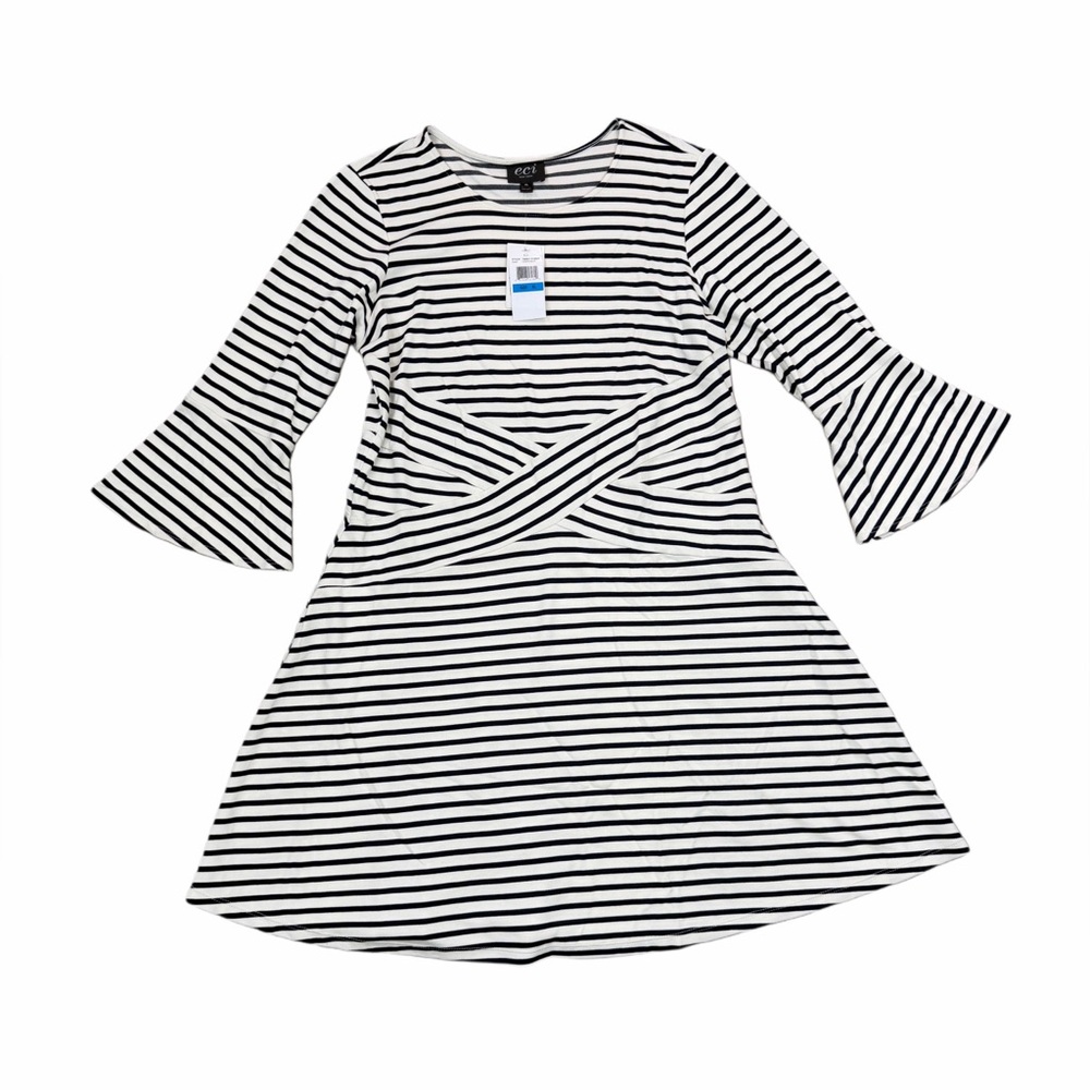 ECI Women’s Size XL Navy and White Striped Dress Wide Belle Sleeve NWT
